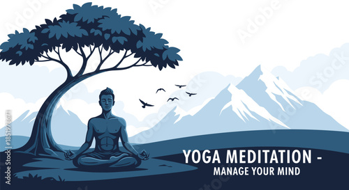 Man practices yoga and meditation in a seated position under a leafy tree with a view of towering snowy mountains in the distance.