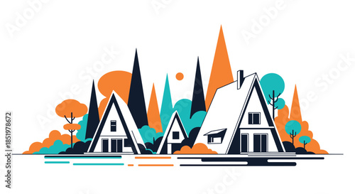 Charming A-frame cabins are nestled in a vibrant forest of colorful trees under a setting sun in a flat geometric landscape.