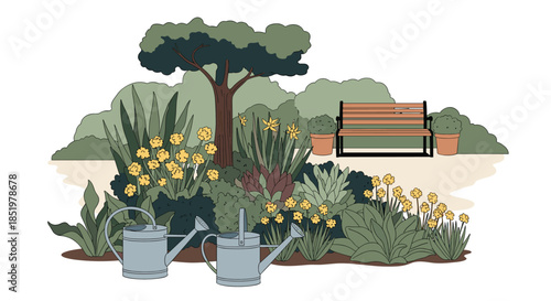 Beautifully landscaped garden features flowering bushes, a tall tree, and two watering cans near a wooden bench in a park.