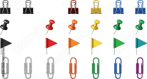 Set of colorful office stationery icons featuring binder clips push pins marking flags and paper clips in various colors including red orange yellow green and blue isolated on white background