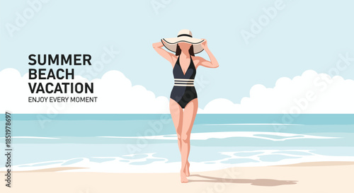 Elegant woman in a black swimsuit and wide-brimmed sun hat walks along a sandy beach near the ocean waves on a summer day.