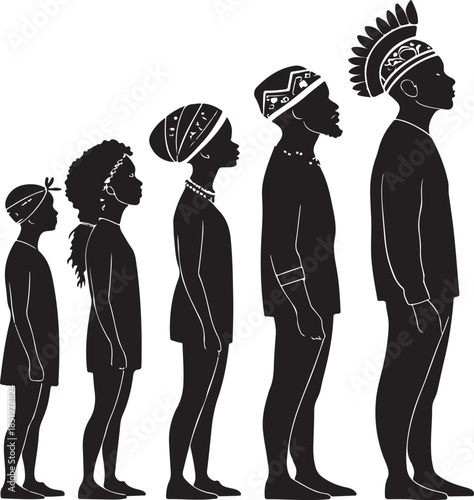 Silhouettes of people of different ages and cultural attire Keywords: people, silhouettes, ages, children, adults, men, women, cultural attire, headdresses, jewelry, traditional, African, tribal