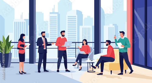 Team of young professionals collaborates on a modern balcony with a cityscape view while using laptops and discussing project ideas.