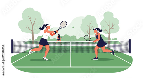 Female tennis players compete on a green outdoor court with a net and trees in a flat vector illustration of an active sport.
