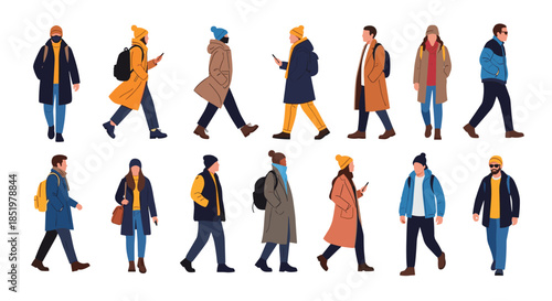 Diverse group of people dressed in warm winter coats and hats walk in various directions in this character set illustration.