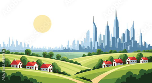 Lush green hills with small white houses overlook a distant modern city skyline under a large sun in a bright landscape vector.