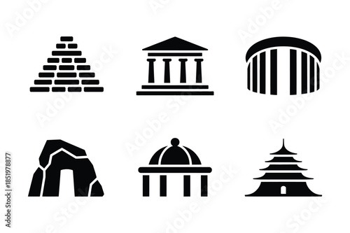 Global landmarks and historic monuments black icon set