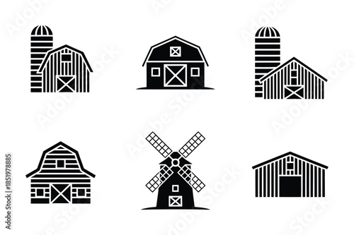Rural farm buildings and barns black icon collection