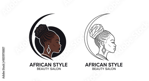 Minimalist logo designs for an African beauty salon feature a woman with an intricate braided bun in profile with moon shapes.