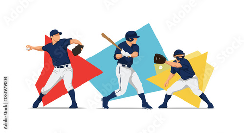 Baseball players are depicted in various athletic movements including pitching, batting, and catching with colorful backgrounds.
