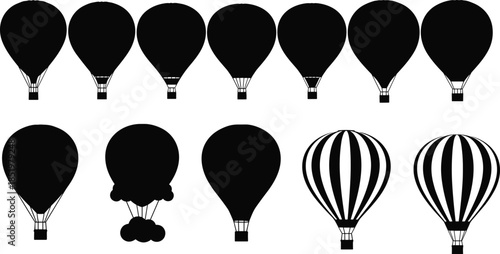 Hot air balloon silhouettes, visual puzzle, pattern recognition, black icons, balloon shapes, cloud base, striped design, vector grid, illustration, challenge