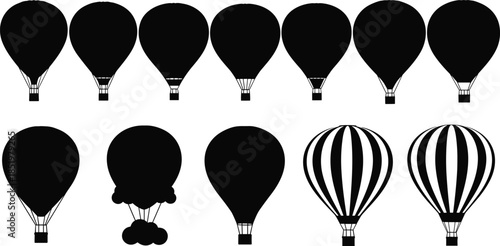 Hot air balloon silhouettes set, aerial adventure transport, flying balloon collection, travel festival concept, isolated black balloon illustration design