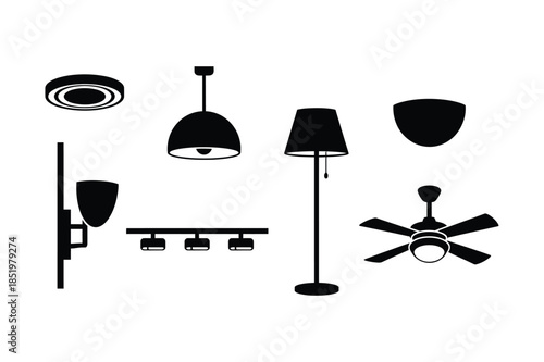 Modern interior home lighting and lamp fixture icons collection