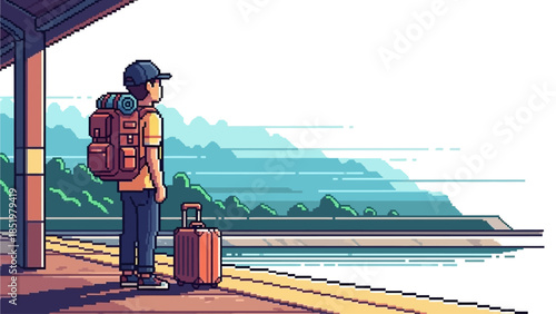 A pixelated traveler gazes at a distant, serene landscape from a train station platform, contemplating their journey with a backpack and suitcase