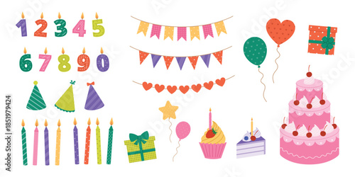Decorative party clip art bundle with sweets, cake, bunting flags, and presents for birthday, carnival, and new year events