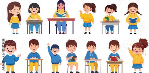 Cute Cartoon Students Illustration Various Poses in Classroom Setting