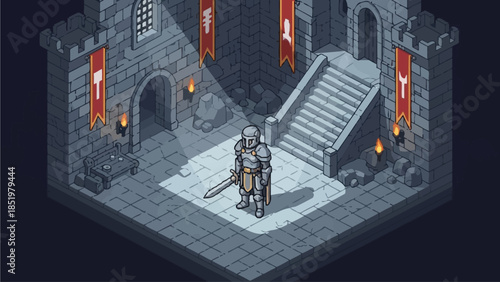 Pixel Art Knight Standing in a Medieval Castle Courtyard with Torches and Banners