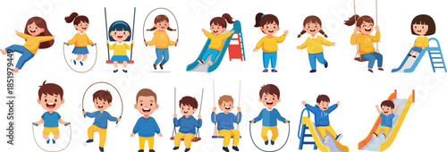 Cartoon Style Diverse Group of Children Playing Various Outdoor Activities Illustration
