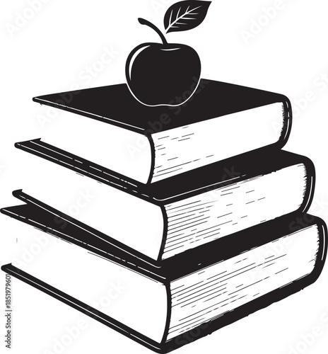 Stack of Three Books with an Apple on Top Keywords: books, stack, apple, education, learning, knowledge, reading, study, school, teacher, wisdom, information, literature, graphic, illustration
