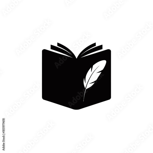 A simple  logo features an open book with a feather quill pen.