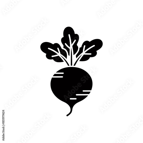 A minimalistic depiction of a beetroot featuring three leafy greens on top