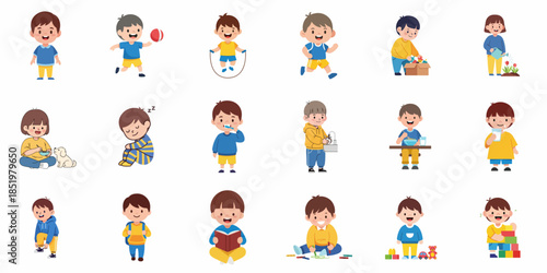 Cartoon Style Diverse Cute Boy Character Set Different Actions and Emotions