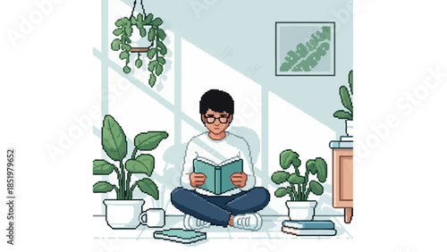 A young person enjoys a peaceful moment reading a book surrounded by lush houseplants and natural light