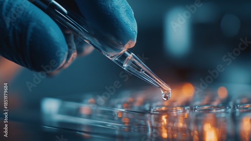 Precision in Science: A close-up shot of a gloved hand meticulously handling a pipette, delicately dispensing a precise drop onto a scientific apparatus.