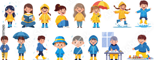 Cute Cartoon Style Collection of Children Enjoying Rainy Season Character Illustration