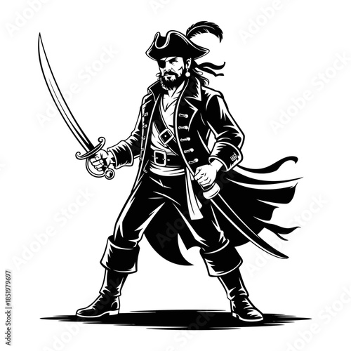 A pirate stands confidently with a cutlass in hand, dressed in traditional attire, including a tricorn hat and long coat.