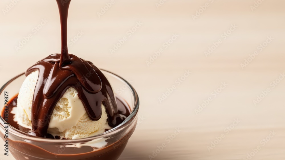 Obraz premium Decadent Vanilla Ice Cream Drenched in Warm Chocolate Sauce