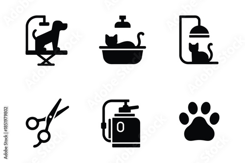 Pet Grooming and Hygiene Icons for Dog and Cat Care Services