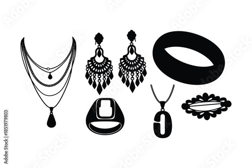 Elegant Jewelry Silhouettes including Necklaces Earrings and Rings