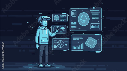 Pixelated Man Interacting With Futuristic Digital Interfaces and Data Displays