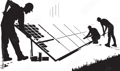 Silhouettes of workers installing solar panels on a white background Keywords: solar panel installation, solar energy, renewable energy, workers, construction, teamwork, silhouette, industry