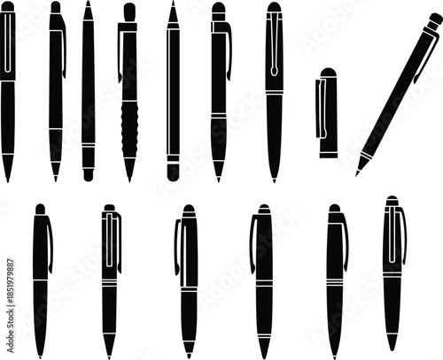 Minimal black pen icon collection set isolated on white background cad drawing flat vector illustration office stationery design