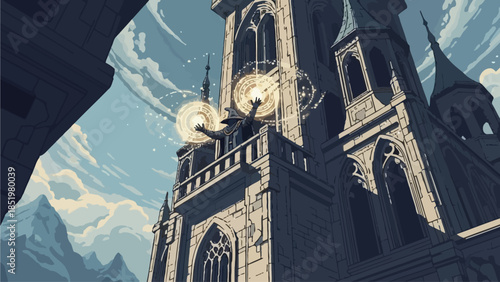 Architectural Marvels A Majestic Gothic Tower Illuminated by Radiant Orbs