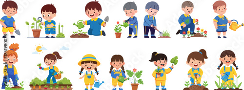 Cartoon Colorful Kids Gardening with Tools and Plants Illustration