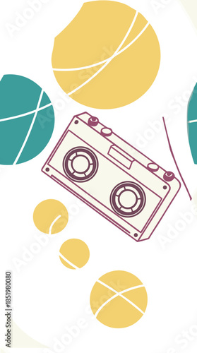Vector illustration of a retro boombox surrounded by tennis balls in a vibrant abstract scene