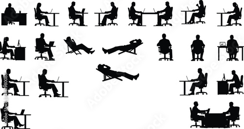 Office people silhouette collection, black business working figures set, computer desk activities, corporate workplace lifestyle, cad drawing flat vector illustration