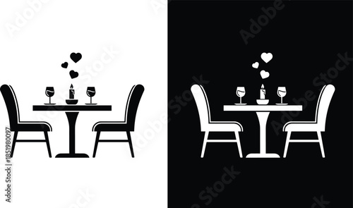 Black and white romantic dinner table icons with lit candle wine glasses and floating hearts for Valentine’s Day date designs.
