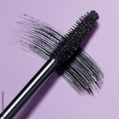 Detailed macro shot of mascara brush showing glossy black texture on pastel background.