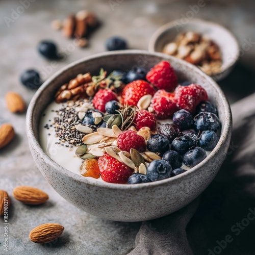 Nutritious breakfast bowl with yogurt, fresh berries, seeds and nuts.
