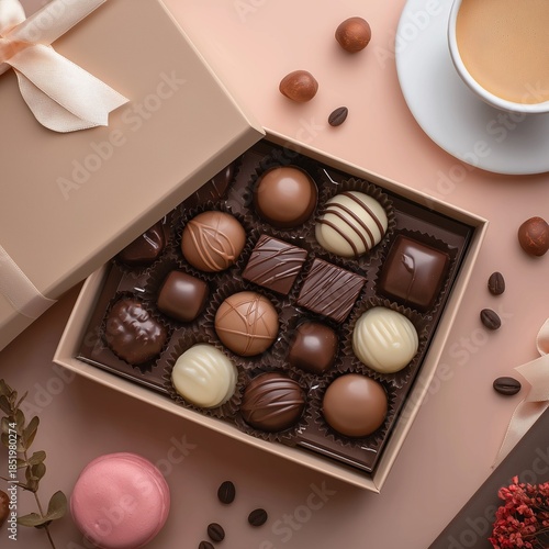 Elegant open box of assorted chocolate pralines on soft pastel background.