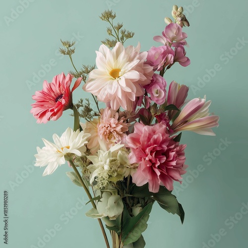Natural-looking bouquet of fresh flowers arranged beautifully against soft pastel background.