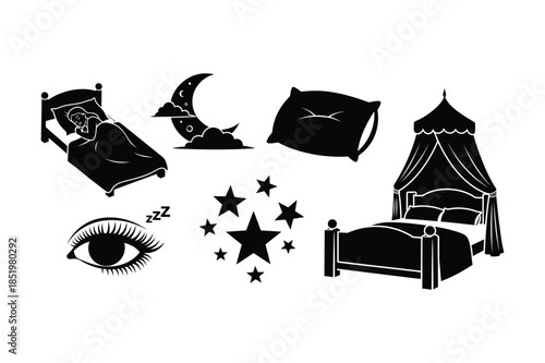 Sleep Concepts and Bedroom Furniture Vector Icon Set