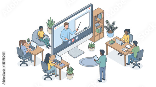 Isometric illustration of a diverse team collaborating around a large computer monitor in a modern office setting with a professional and productive mood.