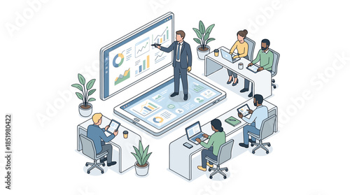 Isometric illustration of a businessman presenting data on a large screen to colleagues sitting around a tablet in an office setting with a clean and modern aesthetic.