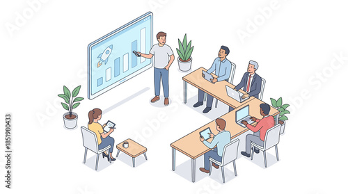Isometric illustration of a diverse team collaborating around a conference table with a presenter at a screen displaying graphs in a modern office setting with a professional and productive