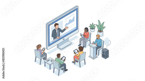 Isometric illustration of a diverse group of people sitting around a large computer monitor with a presenter on the screen in a modern office setting with a professional mood.